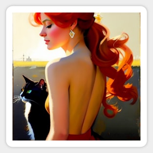 A Redhead and Her Black and White Cat Sticker